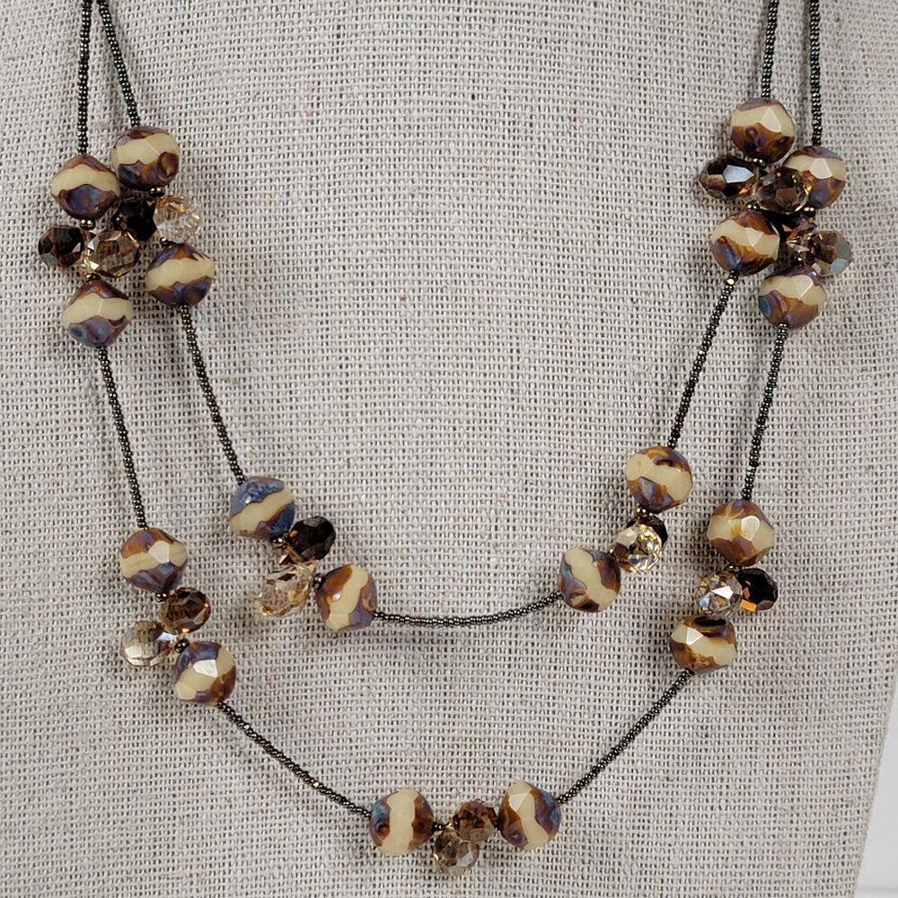 Golden Mother of Pearl And Crystal Beaded Station Necklace 2-Strand Layered 19"